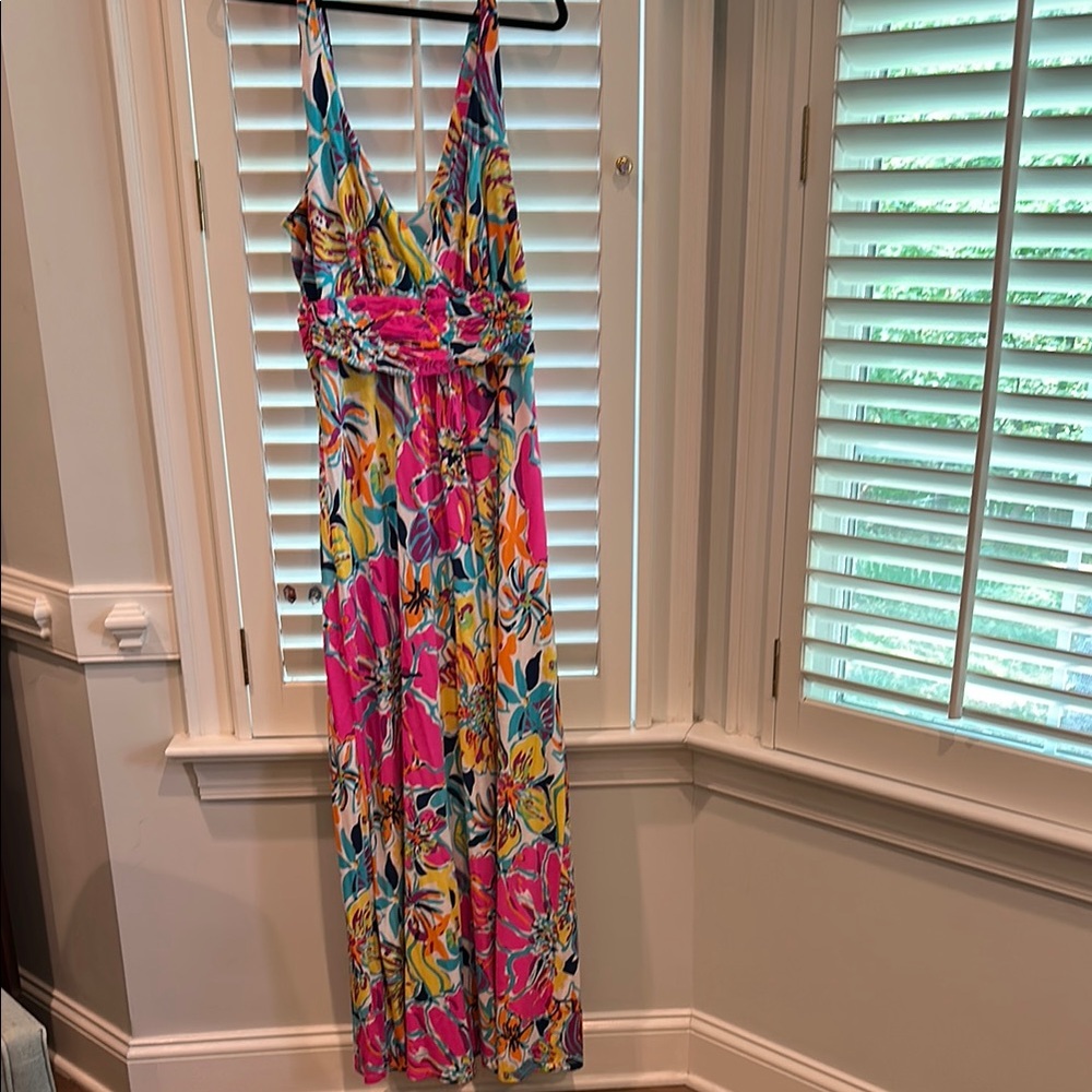Lilly Pulitzer Pink and Blue Maxi Dress with Tropical Floral Print